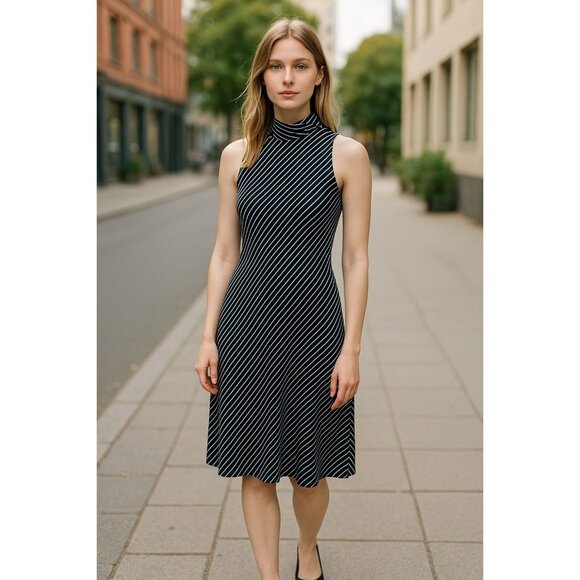 Lauren Ralph Lauren Mock Neck Blue White Striped Dress Sleeveless Women Size 2P - Picture 1 of 12